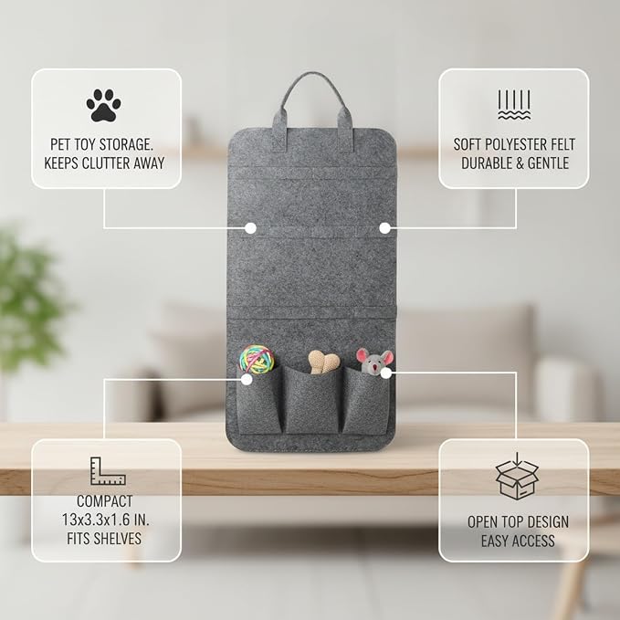 Pet Toy Storage Bag, Polyester Felt Bin for Cat and Dog Toys, Open Top Organizer for Shelves and Living Room, 13 x 3.3 x 1.6 Inches (1 PC)