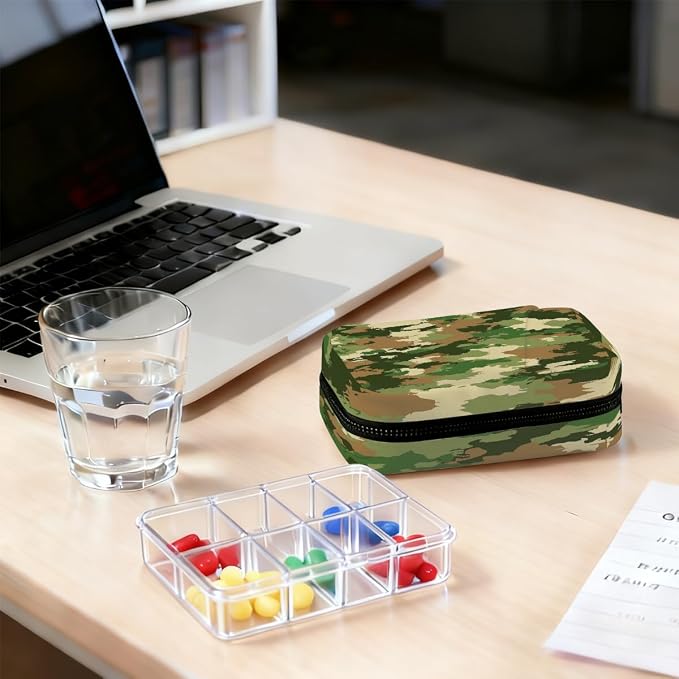 Weekly Pill Organizer Travel Size Bag with Removable 7 Day Pill Box Portable Vitamin Case Purse with Zipper,Textured Camouflage