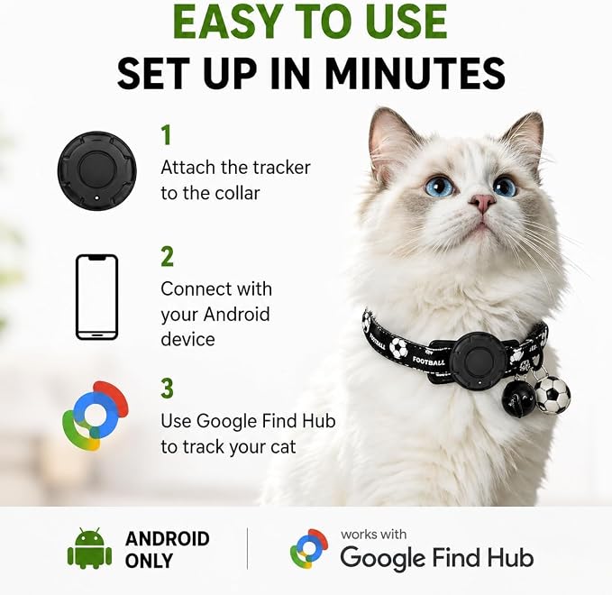 GPS Collar for Cats (Android Only) Pet Tracker, Soccer Style Smart Tag Compatible with Google Find My, Waterproof No Monthly Fee Cat Tracking Collar, Game Day Football Design for Pet Safety