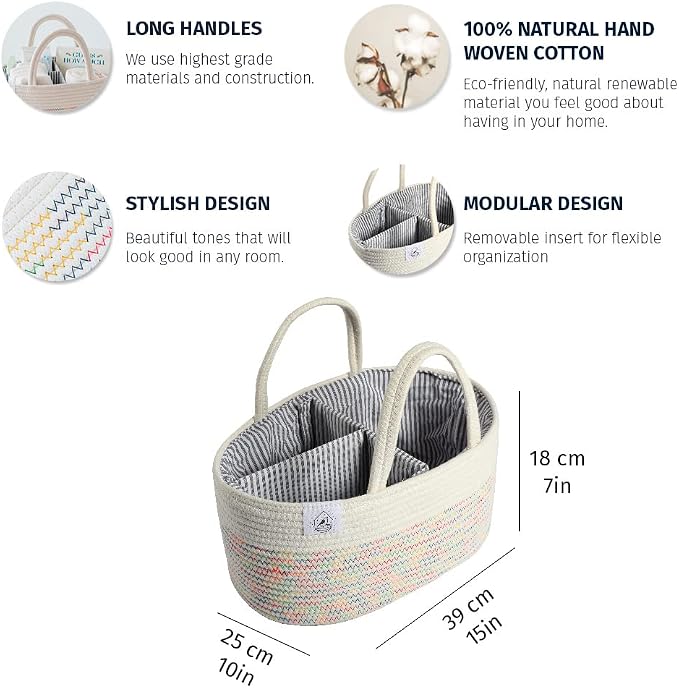 OrganiHaus Rope Diaper Caddy Organizer, Nursery Basket, Stitches Rainbow | Woven handles; a toy bin, laundry bin, or newborn essentials storage; great for car, baby shower gifts, or bedroom decor