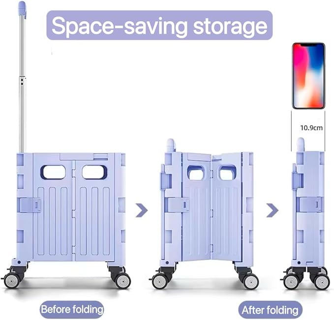 Foldable Utility Cart, Portable Rolling Crate with 360° Rotating Wheels, Detachable Lid,Telescoping Handle, Collapsible Trolley for Travel, Office, Grocery, and Storage (Purple)