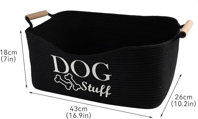 Medium Woven Dog Toy Basket,Dog Stuff Organizer,Collapsible Dog Toy Bin with Wood Handles,Rectangle Puppy Toy Storage Basket,Dog Organizer for Dog Toys,Collar,Leash,Blankets-Black | 100% Cotton Rope Basket with Wood Handles, Dog Organizer for Dog Toys,...