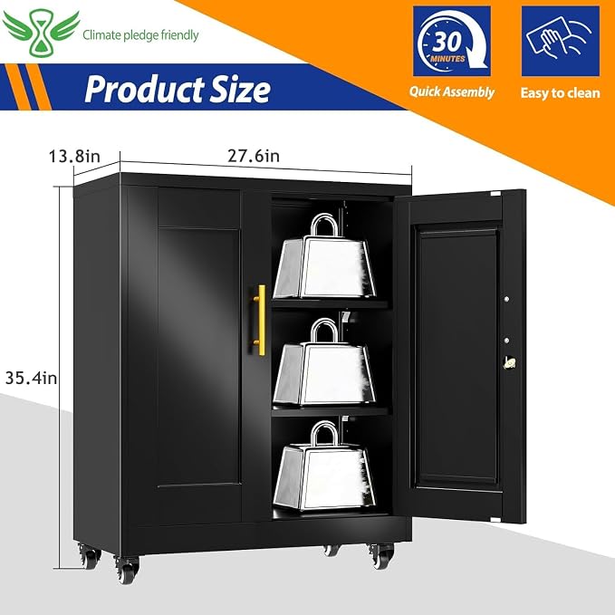 GAIOUS 35'' Tall Metal Storage Cabinet with Lock and Wheels, Steel Office Cabinet with 2 Door and 2 Adjustable Shelves, Lockable File Cabinet, Garage Cabinet, Rolling Cabinet for Home Office, Black