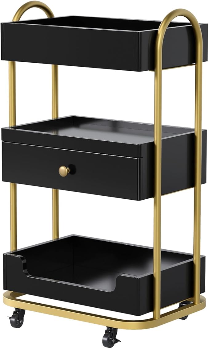 OmySalon Salon Trolley Cart, Hair Styling Station with 3 Trays & 1 Drawer, 2 Lockable Wheels, Esthetician Cart Mobile Storage Cabinet for Beauty Spa Barbershop, Black