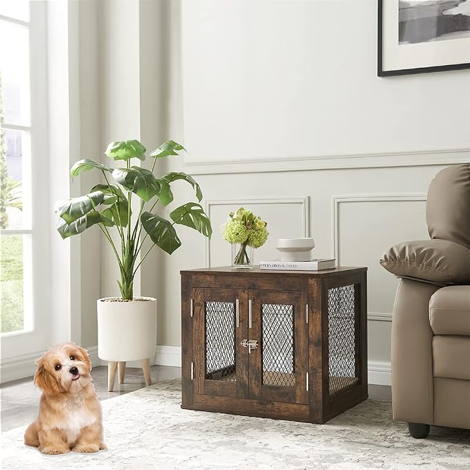 unipaws 23.5 Inch Small Dog Crate Furniture, Wooden Dog Kennel with Cushion | Indoor Wood Dog Cage with Tray and Dog Bed, Inside Side End Table Crate for Puppy, Cats, Min Pigs, Rabbit, Up to 25 lbs