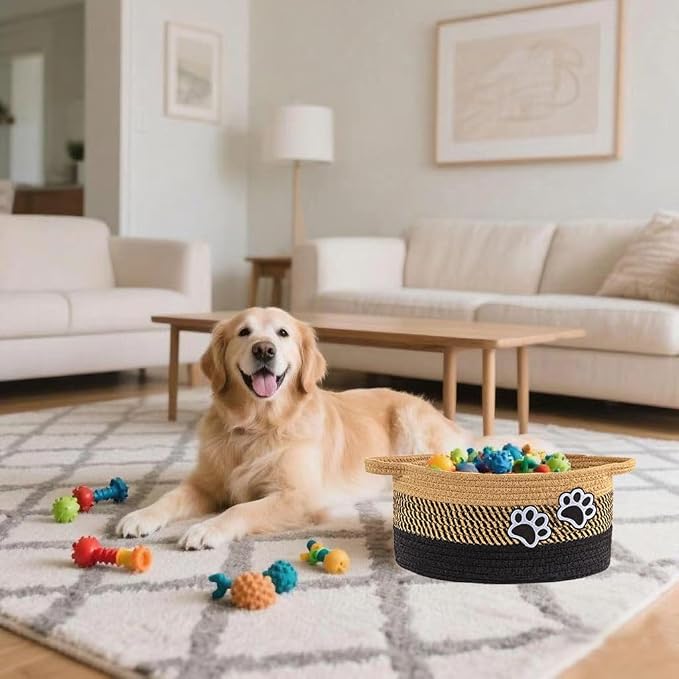 Small Woven Cotton Rope Nursery Organizer Bins, Dog Toy Basket Bins with Handle, Cute Empty Pet Gift Storage Baskets with Paw