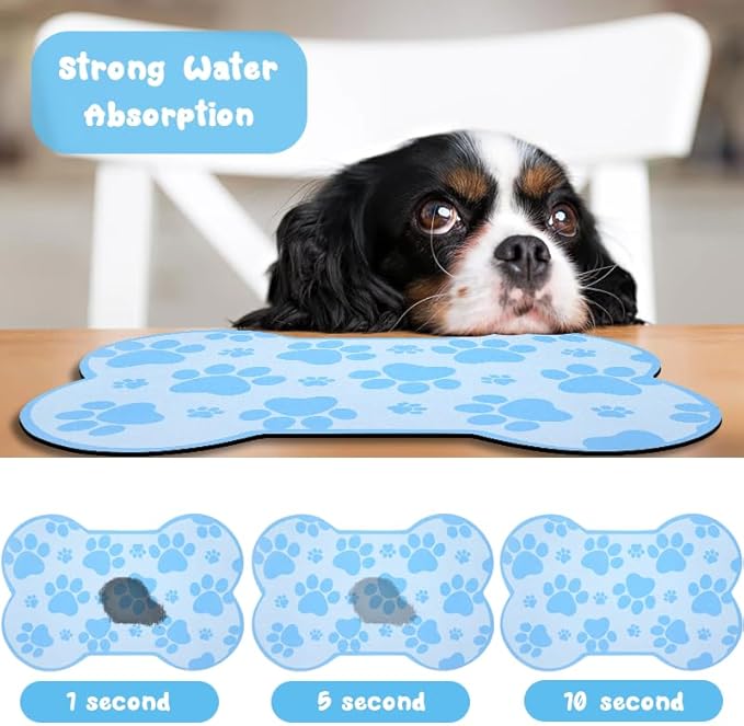 Dog Food Mats for Floors Waterproof, Pet Feeding Absorbent Water Bowl Mat Cat Placemats Blue Bone Shape 25.5 * 17 inch