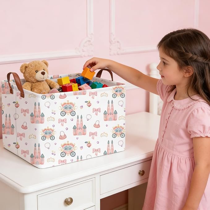 Rectangular Princess Castle Basket,Collapsible girl storage box,Pink Basket,Gift Organizer,Girl Room Decor,Books Box(Princess)