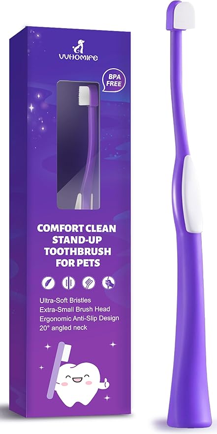 Zero-Pressure Comfort Pet Toothbrush – Ultra-Soft PBT Bristles & Hygienic Standing Base – 20° Ergonomic Grip Safe Daily Dental Care for Cats & Small Dogs, Purple