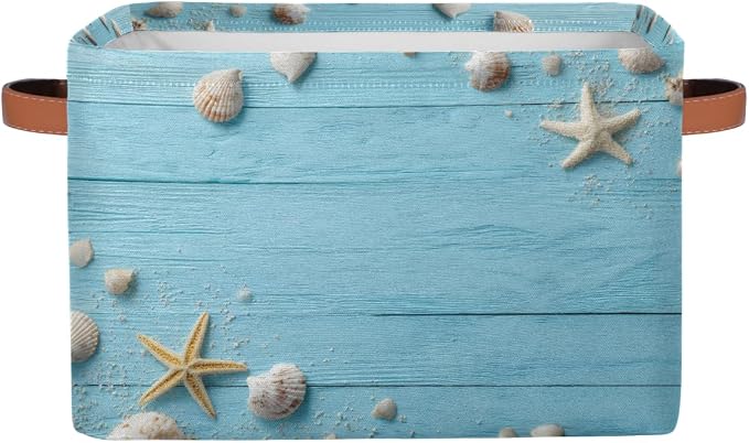 Pardick Storage Baskets Bin, Summer Wood Seashell Starfish Collapsible Canvas Fabric Storage Bin Decorative Baskets Toy Organizer Rectangle Storage Boxes with handles for Home Shelves Nursery,A-6