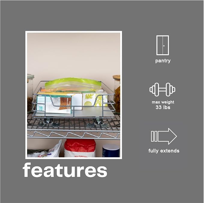 Household Essentials Brushed Steel Pull-Out Pantry Basket with Plastic Liner, Silver