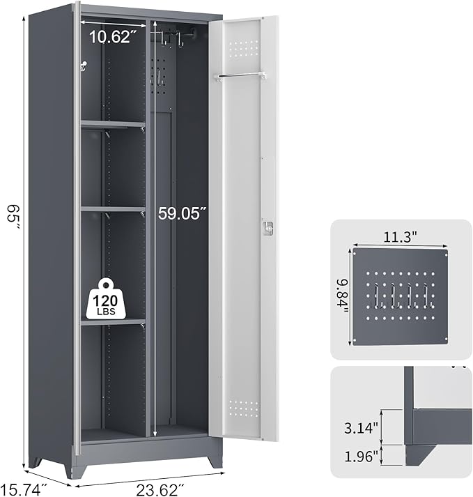 65" H Metal Garage Storage Cabinets with Doors and Shelves, Locking Cabinet, Broom Closet Storage Cabinets with Hanging Rod, Functional Tool Cabinet for Home, Garage, Kitchen