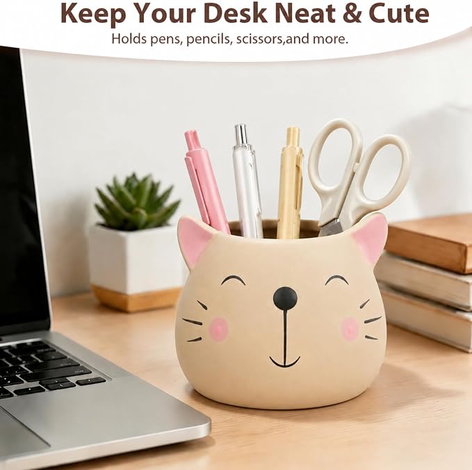 Ceramic Cat Shaped Pen Pencil Holder for Desk Decoration Accessories Cat Decor Makeup Brush Pen Cups Office School Ideal Gifts for Women, Mom or Birthdays