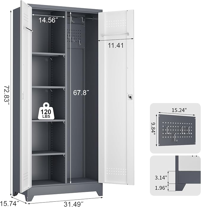 72.8" H Metal Garage Storage Cabinets with Doors and Shelves, Broom Closet Storage Cabinet, Tool Cabinets with Hanging Rod, Cleaning Storage Cabinets for Garage, Office, Laundry Room