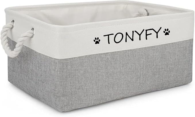 Pet Toy Storage Box Dog Toy Organizer Basket Personalized Large Capacity Collapsible Bin Two-Tone Linen Chest with Sturdy Handles for Living Room Pet Supplies Organizing (White Gray S)