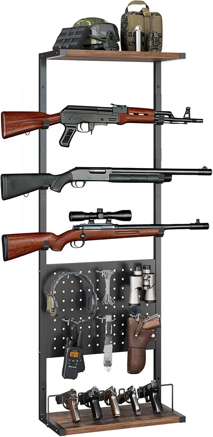 Indoor Gun Rack for Wall, Premium Wood & Metal Rifle Rack & Pistol Holder | Gun Wall Mount Display with Pegboard & Shelf, Versatile Storage for Shotgun Sword Bow for Home Gun Room, Garage and Man Cave