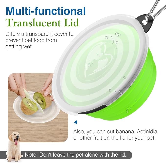 Pawaboo Collapsible Travel Dog Bowls 2 Pack with Lids&Carabiners Silicone | Feeding Watering Bowls for Dogs Cats, Collapsable Water Feeder Food Bowl for Walking Traveling Home Use, Blue + Green