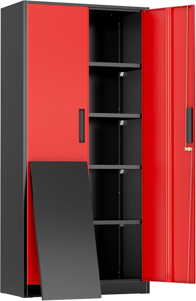Greenvelly Metal Storage Cabinet,72" Locking Metal Garage Storage Cabinet with Doors and 4 Adjustable Shelves, Lockable Steel Cabinet for Home Office, Garage, Shop, School (Red 32" W x 16" D)