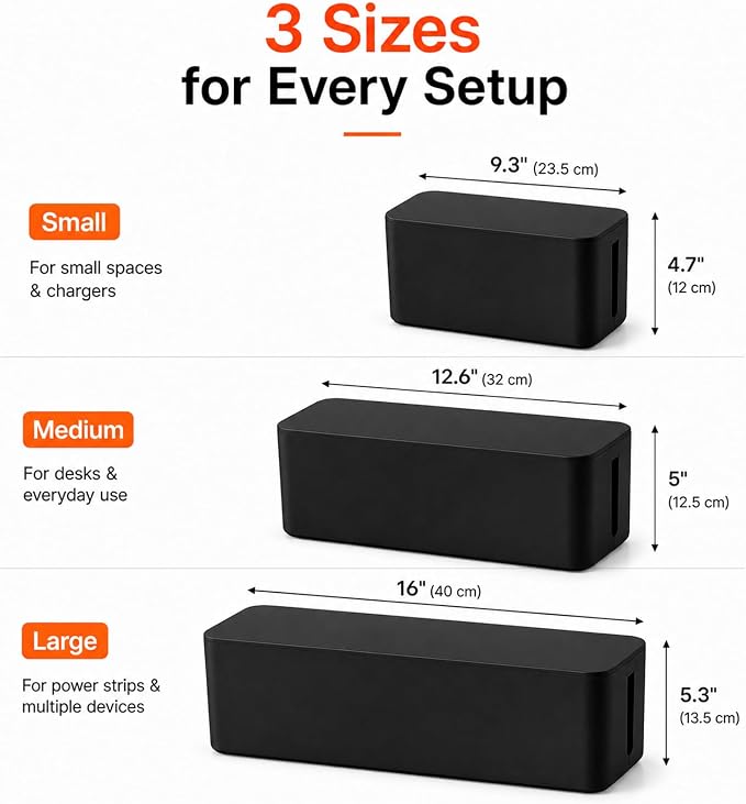 [Set of 3] 3 Cable Management Boxes + 3 Wire Ties, Large Cord Box Organizers to Hold and Hide Power Strip Charger Adapter Power Cord Charging Station USB HUB (Black)