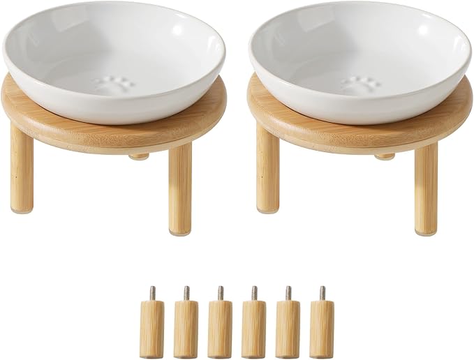 Havniva Elevated Cat Bowls, Ceramic Cat Bowl with Bamboo Stand Wide Opening | 5.7” Raised Cat Food Bowls, Whisker Friendly Cat Dish, Anti-Slip Cat Water Bowls, Shallow Cat Bowls, Cat Food & Water Bowl