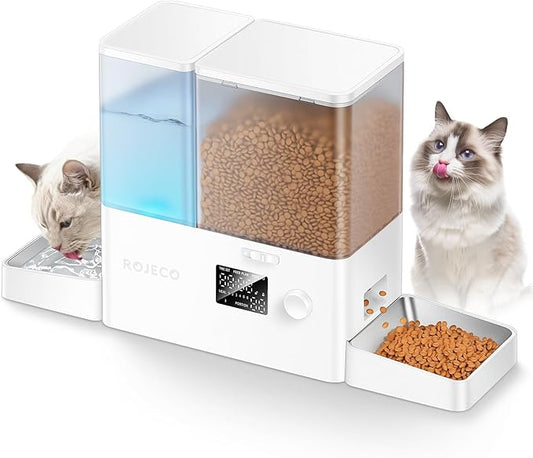 ROJECO Automatic Cat Feeder and Water Dispenser,36Cups/8.5L 2-in-1 Stainless Steel Bowls Large Capacity Cat Food Dispenser and Gravity Water Fountain for Cats Small Dogs Puppies Kittens Pets