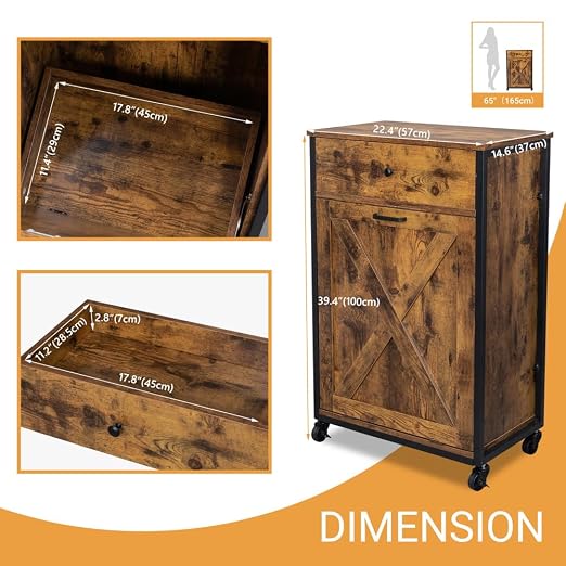 VINGLI 13 Gal Tilt Out Trash Can Cabinet with Drawer & Wheels, Rustic Brown | Wood Hidden Trash Can Kitchen Cabinet with Drawer, Freestanding Pet Proof Storage Organizer, Laundry Basket