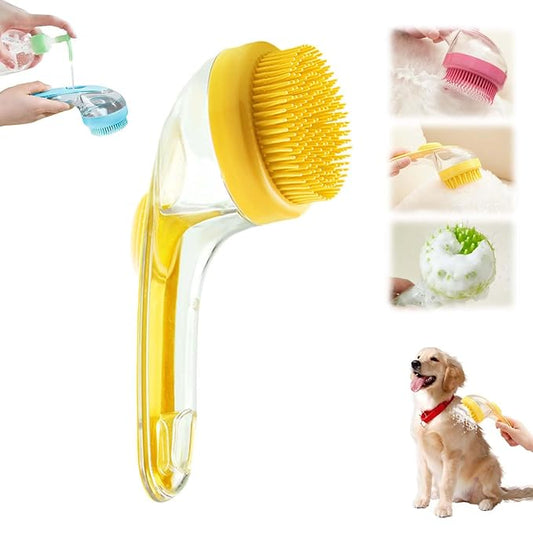 Pet Bath Brush, 2025 New 2 in 1 Dog Bath Brush with Built-in Shampoo Dispenser, Pet Wash Brush for Bathing Dog Grooming Massage Brush for Long Short Haired Dogs Cats Shower (Yellow, Fine teeth)