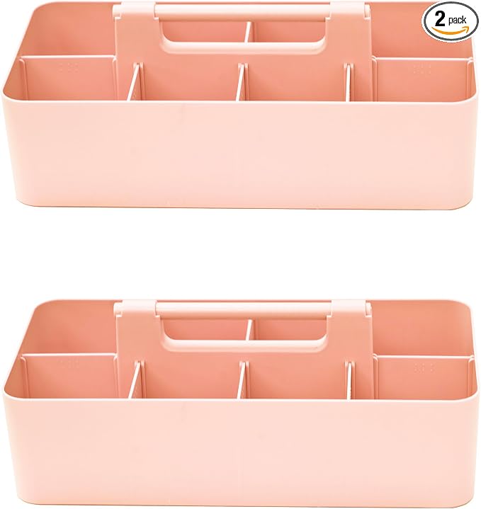 2 PACK - Portable DIY 8 Dividers Durable Plastic Organizer Tote Tool Home Office School Toy Arts Craft Pencil Kids Baby & Supply Cleaning Caddy with Handle Made In USA (Indie Pink)