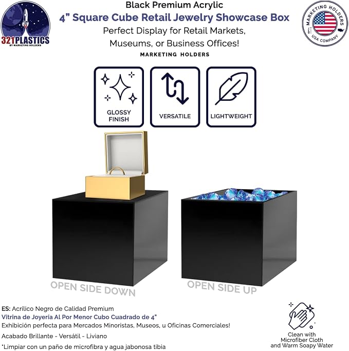 4 Pack 4" Acrylic Display Riser Box with One Open Side No Assembly Versatile Glossy Black Square Retail Merchandise Storage Bin or Product Platform by Marketing Holders
