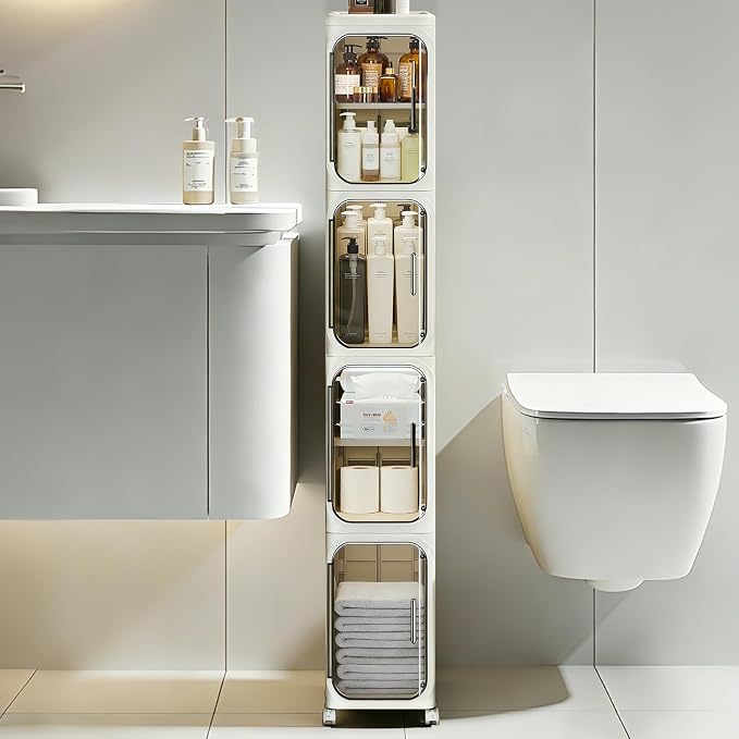 4-Tier Slim Bathroom Storage Cabinet, Tall Narrow Storage Cabinet with Movable Wheels, Adjustable Shelves, Skinny Bathroom Storage Organizer for Small Space, Bathroom, Kitchen, Laundry, Cream White