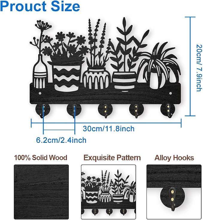 MAYJOYDIY Potted Plant Coat Hooks Wall Mount Wood Flower Pot Key Holder 11.87.9inch 5 Alloy Hooks Black Key Rack Organizer for Gift Wall Art Decor Florists Entryway Hallway Kitchen Room