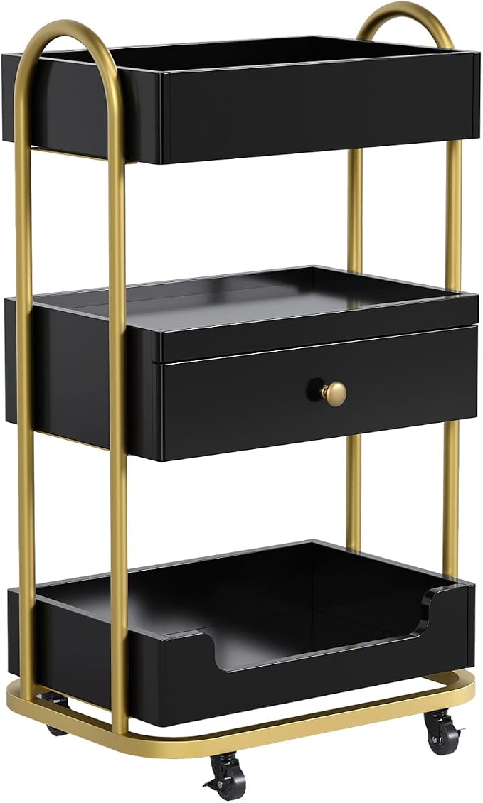 OmySalon Salon Trolley Cart, Hair Styling Station with 3 Trays & 1 Drawer, 2 Lockable Wheels, Esthetician Cart Mobile Storage Cabinet for Beauty Spa Barbershop, Black