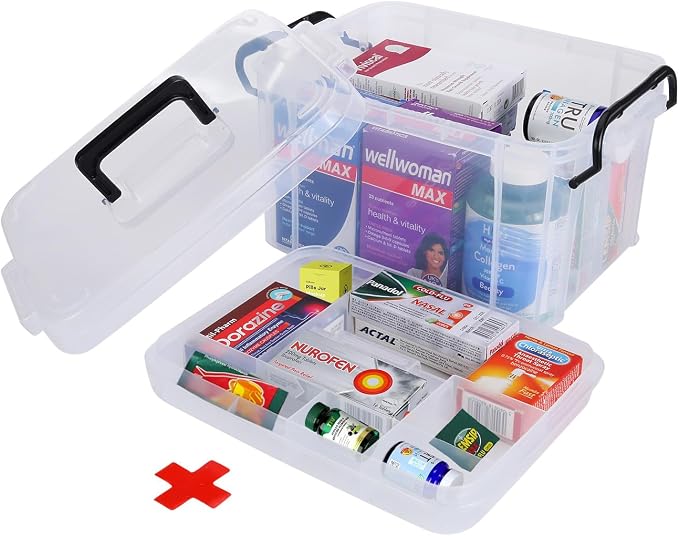 HEY FOLY 15qt Clear Medicine Organizer Storage Box, Plastic First Aid Box Empty, Thickened Medicine Container Chest, Multipurpose Medical Case with Labels, Medicine Caddy with Lids