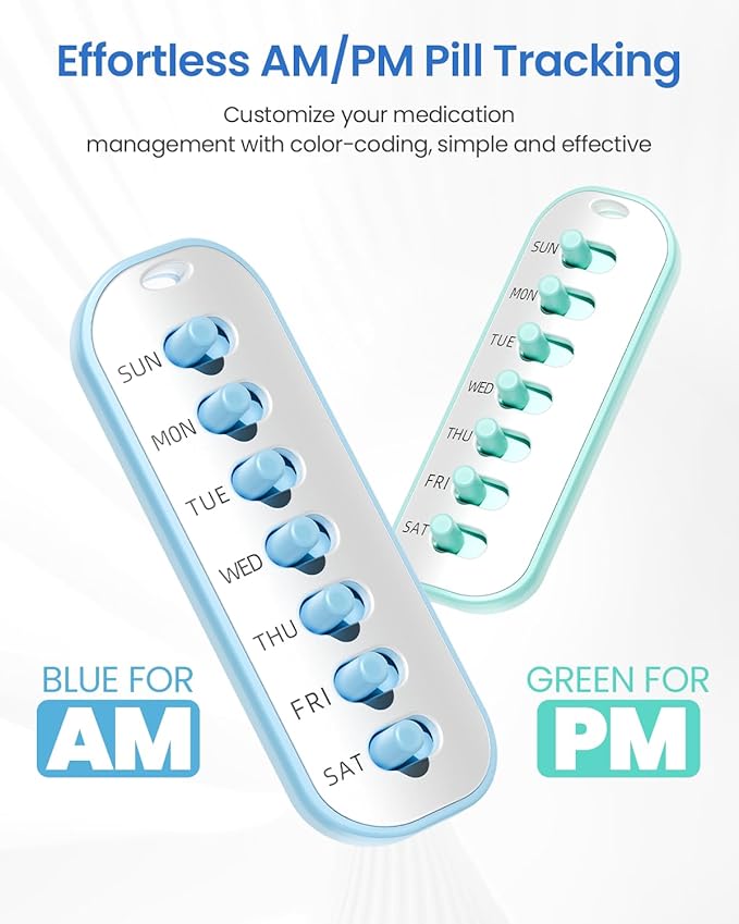 2 Pack Pill Reminder, Lanyad or Sticker, Twice Daily/Weekly Pill Tracker | 7 Day AM PM Weekly Medication Tracker for Elderly, No batteries Required，2 Times a Day Blue & Green