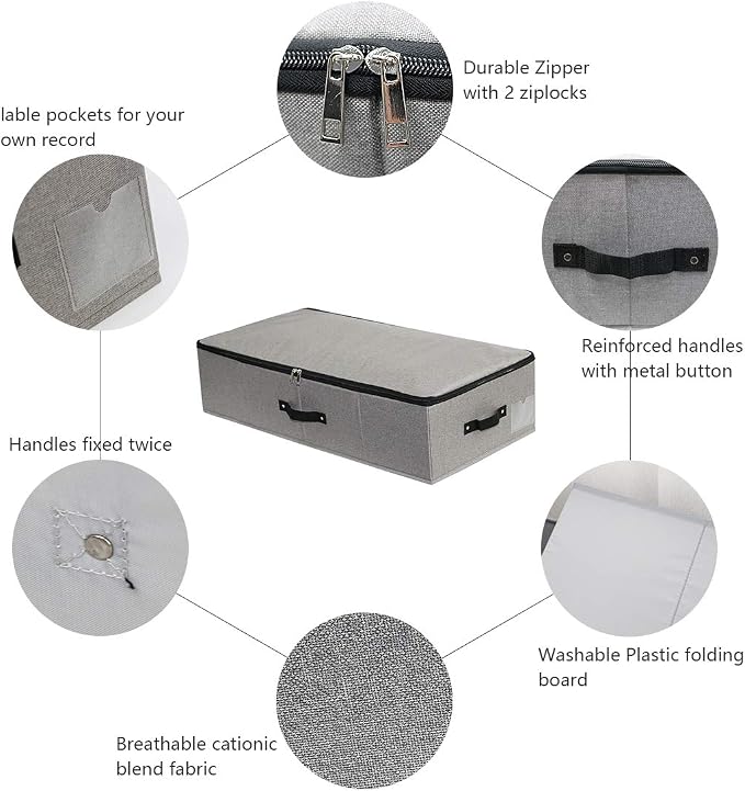 AMJ Under Bed Clothes Organizer Large Storage Bins with Durable Fabric, 4 Reinforced Handle, for Clothing, Shoes, Blankets, Sweaters, Toys, Dark Grey, 2 Pack