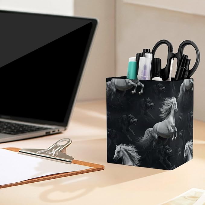 Pen Pencil Holder for Men Women, Pu Leather Square Pencil Organizer Case Dark White Running Wild Horse Wolves Black Makeup Brush Holder Office Supplies