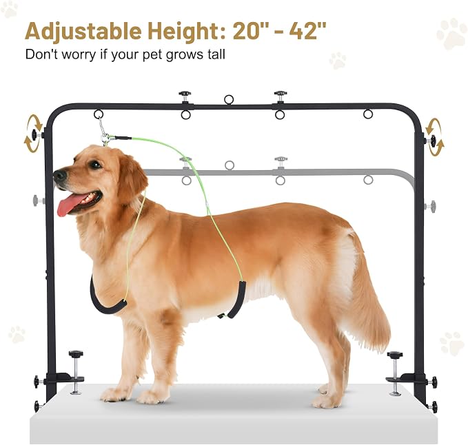 Dog Grooming Table Arm for Home Use, Pet Grooming Hammock & Nooses Included | Fits tables up to 2.76". 27"-39" wide, 42" tall. Holds pets up to 79 lbs. For nail trim, bath, drying