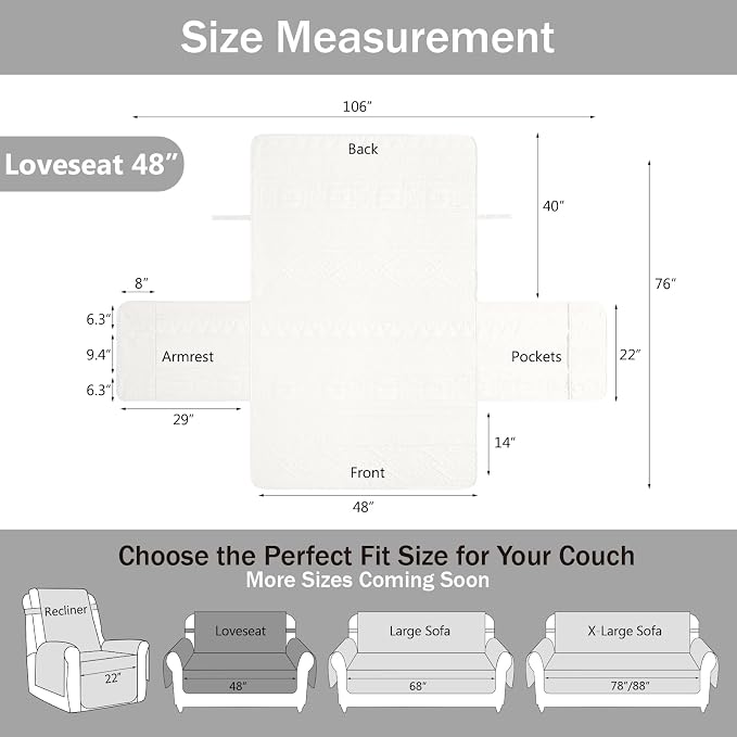White Loveseat Covers for 2 Cushion Couch, Water-Repellent Quilted Covers for Sofa, Machine Washable Love Seat Couch Covers, Pet Friendly Loveseat Slipcovers (Loveseat 48", White)