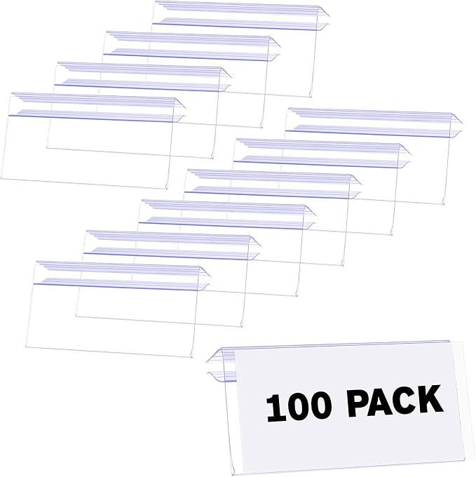 Meetory Shelf Label Holder,100PCS Reusable Plastic Wire Shelf Label Holder,Clear Shelf Tags for Wire Shelving for Shopping Mall，Retail Store with Insert Card