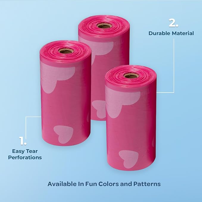 Best Pet Supplies Poop Bags for Dogs - Pink Heart, 240 Count | Scented, Leak-proof, Easy-Tear perforations, 15 Thick Bags per roll, Outdoor Walking & Travel, Fits Standard Holders