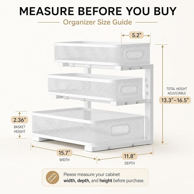 2 Pack 3 Tier Under Sink Organizer with Pull Out Drawer, Height Adjustable Heavy Duty Metal Under Cabinet Organizer, Smooth Sliding Storage Shelf for Kitchen, Bathroom Cabinet Organization, White