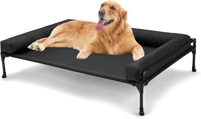Veehoo Outdoor Elevated Dog Bed-Cooling Raised Dog Cot for Large Sized Dogs | Three-Sided Fence Raised Pet Cot with Mesh & No-Slip Feet Dog Hammock Bed with Removable Bolster-41" x 27" Black