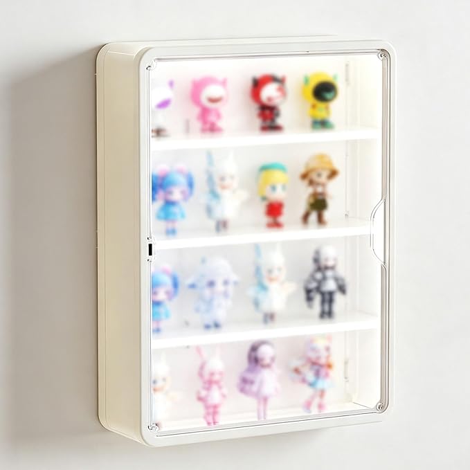 Wall-Mounted Display Case for Blind Box Figures, Clear Magnetic Door Collectible Storage Cabinet, No-Drill Figure Organizer with Shelves, Small or Large, White, Yellow or Purple(White,Large)