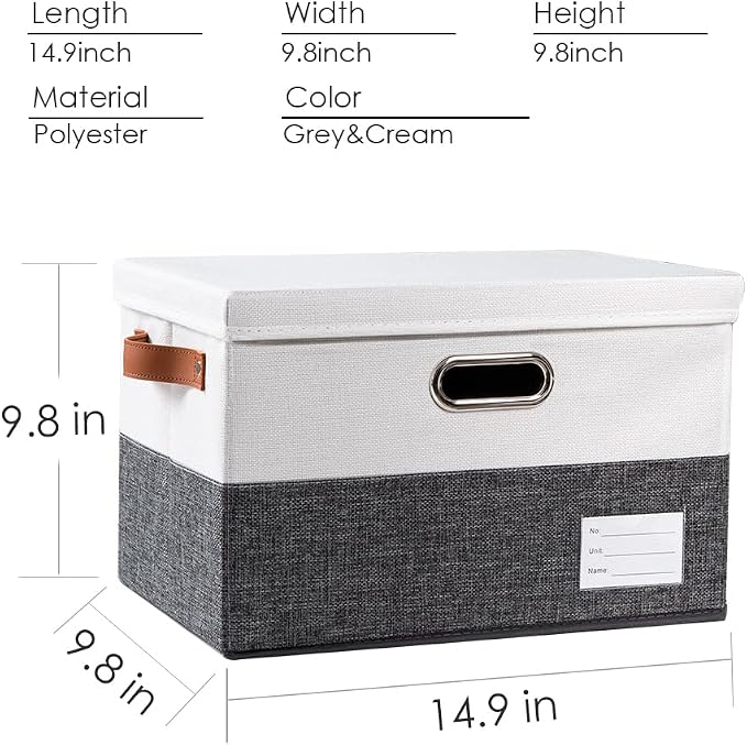 Foldable Storage Bins with Lids [3-Pack] Fabric Collapsible Storage Boxes Baskets Cubes Containers with Handles for Closet Living Room Bedroom (Grey & White 14.9x9.8x9.8'')