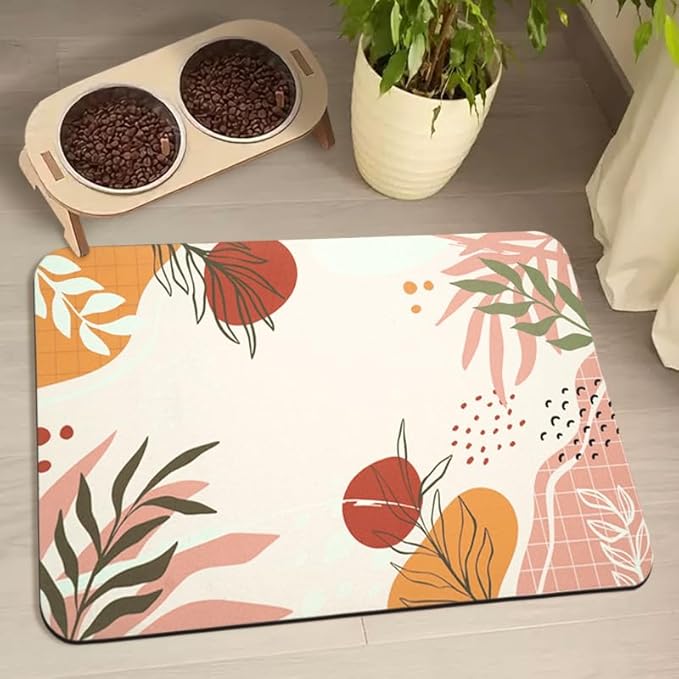 Dog Food Mats for Floors Waterproof, Pet Water Bowl Mats Pet Feeding Absorbent Placemats Bohemia Tropical Leaves 12 * 20 inch
