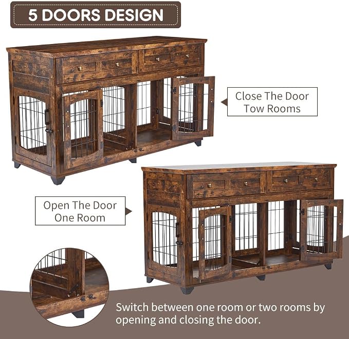 GarveeHome Large Dog Crate Furniture with 2 Drawers and Removable Divider | Detachable divider, dual storage drawers, heavy duty wood frame for two pet dogs indoor
