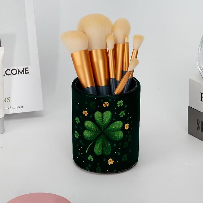 Faux Leather Pen Holder for Desk, Pencil Organizer Cute Clover Pen Cup Desk Decor Makeup Brush Holder Storage for Office Home