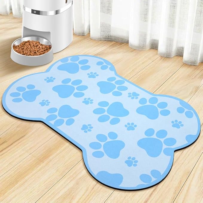Dog Food Mats for Floors Waterproof, Pet Feeding Absorbent Water Bowl Mat Cat Placemats Blue Bone Shape 25.5 * 17 inch