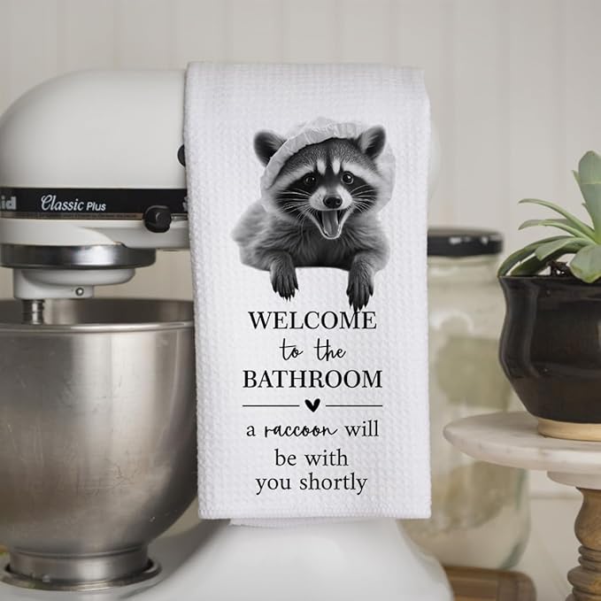 KIDEAR Funny Raccoon Bathroom Decor Welcome to The Bathroom Hand Towel,1 PCS Cute Raccoon Kitchen Towels for Toilet Wall Decorations,Cute Animal, Gifts for Women, Pet Owners Housewarming - A02