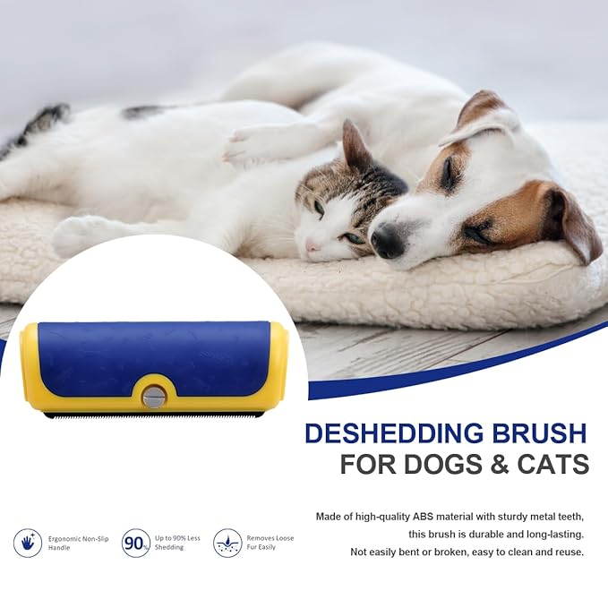 Dog & Cat Deshedding Brush, Undercoat Grooming Tool for Short to Medium and Double Coats, Detachable Stainless Steel Shedding Blade, Ergonomic Non-Slip Handle, Blue/Yellow
